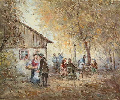 Fritz Schreiber, geb. 1929 Bleidenstadt, Meisterschüler von Prof. Walter Prescher van Ed, hier: drei Arbeiten in Öl auf Lwd, 1) Gesellschaft im ...