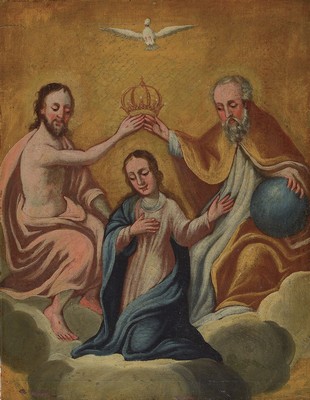 2 Gemälde aus der 2. Hälfte des 18. Jh., 1) Gottvater, Sohn und Hl. Geist krönen Maria zur Königin, Öl/Lwd, doubl., ca. 60x 47cm, R. besch., 2) ...