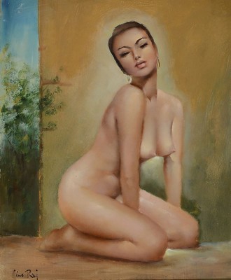 Unbekannter Künstler, Mitte 20. Jh., sitzender weiblicher Akt, Öl/Hartfaser, unleserlich signiert, ca. 65x55cm, R. ca. 84x70cm