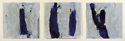 Triptychon eines zeitgenössischen Malers, Gouache und Lack auf Papier, je ca. 31x31cm, unter Glas, R. ca. 58x123cm