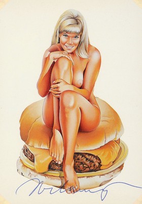 Mel Ramos, 1935-2018, "Barbiburger", Kunstpostkarte, sign, zwischen doppeltem Plexiglas gerahmt, Motiv ca. 16x11,5 cm, gesamt ca. 23x19 cm