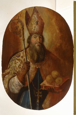 unbekannter wohl süddeutscher Künstler, um 1890, Hl. Nikolaus, Öl/Holzplatte, leicht gewölbt, ältere Restauration, ehem. Riss, ca. 69.5 x 50 cm