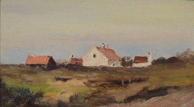 Friedrich Philipp Schmöle, 1844-1924 Frankfurtam Main, 2 Gemälde, Küstendorf mit Windmühle, Gehöft in hügeliger Wiesenland- schaft, Öl/Papier ...