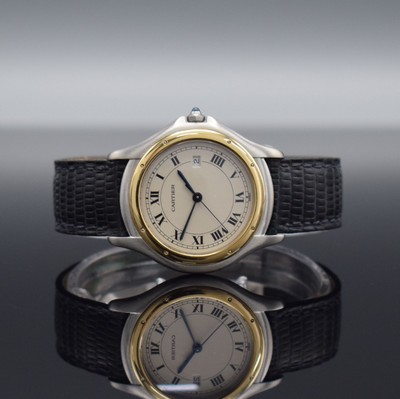 CARTIER Cougar Armbanduhr in Stahl/Gold mit original Lederband & Faltschließe, Schweiz um 1990, quarz, satiniertes Geh., pol. Gold- Lünette, Boden ...