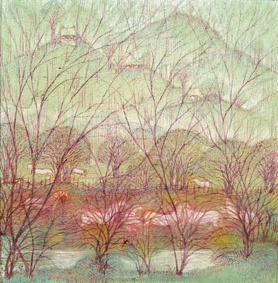 Hossein Mahjoubi, geb. 1930 in Lahijan/Iran,Landschaft mit Bäumen und Pferden am Fluß, Öl/Lwd, links unten signiert und dat. 1982, ca. 25x25cm, R. ...