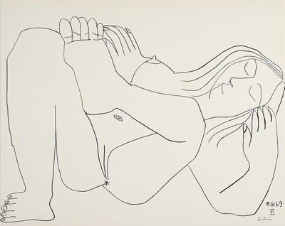 Pablo Picasso, 1831-1973, schlafender Akt, Lithografie auf Büttenpapier, drucksign., Drucker Verlag: Edition Le Vent´d Arles 1972, Motiv ca. 50x40 ...