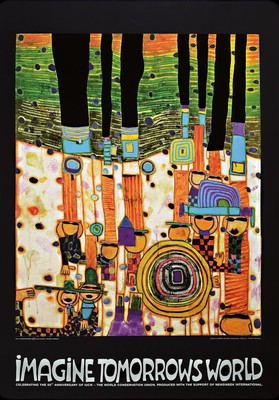 Friedensreich Hundertwasser, 1928-2000, Kunstdruck mit Metallfolienprägung, Titel: Imagine tomorrows World, Drucker Verlag: Namida, Glarus, ...