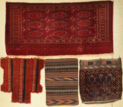 Konvulut aus 4 Lots, Turkmenistan, (Djowal,Sattelauflage,Tasche),um 1940/1950, Wolle auf Wolle, EHZ: 3-4