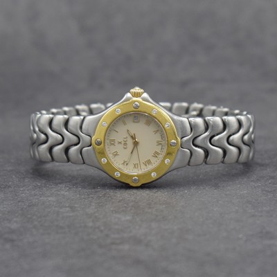 EBEL Sportwave Damenarmbanduhr, Schweiz um 1990, quarz, Edelstahlgeh. m. GG Lünette, Gliederband m. dopp. Faltschl., Lünette auf Kundenwunsch m. ...