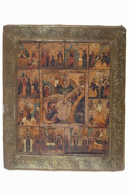 Festtagsikone, Russland, um 1880, Tempera auf Holz, mit 12 Szenen aus dem Leben Jesu, gewaschen, geprägter Messingrand, ca. 31x26cm