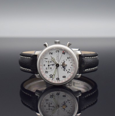 DUBEY & SCHALDENBRAND Armbandchronograph mit Vollkalender in Stahl, Schweiz um 1995, Automatik, beids. vergl. Geh. m. Riffel- Lünette, weißes ...