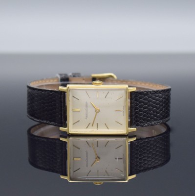 Jaeger-LeCoultre rechteckige Armbanduhr in GG 750/000, Schweiz um 1965, Handaufzug, 2-tlg. Geh. Ref. 9009, Boden aufgedr., silb. Zifferbl. fl., ...