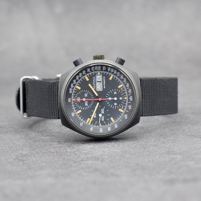 ALPINA vintage Herrenarmbanduhr mit Chronograph, Schweiz um 1975, Automatik, geschwärztes Edelstahlgeh., Boden geschr., schwarzes Zifferbl., ...