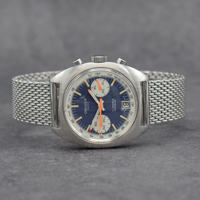 ORIOSA Herrenarmbanduhr mit Chronograph, Schweiz um 1970, Handaufzug, massives Edelstahlgeh., Boden verschr., neutr. Stahlband, blaues Zifferbl. m. ...