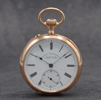 A. LANGE & SÖHNE Deutsche Uhrenfabrikation Glashütte I/S offene Herrentaschenuhr in RoseG 585/000, Deutschland um 1900, 2-Deckel Goldgeh. l. dell., ...