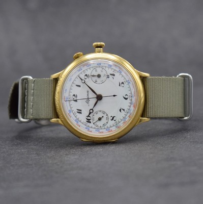 ALPINA / Minerva Kal. 16-29 großer Schaltradchronograph in GG 750/000, Schweiz um 1934, Handaufzug, Scharniergeh., Lünette m. Widmungsgravur, ...