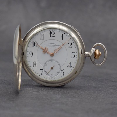 GLASHÜTTER PRÄZISIONS-UHREN-FABRIK Akt.-Ges. Glashütte I/S Savonette, Deutschland um 1910, glattes Silbergeh., Sprungdeckel m. Monogramm, 3-teil. ...