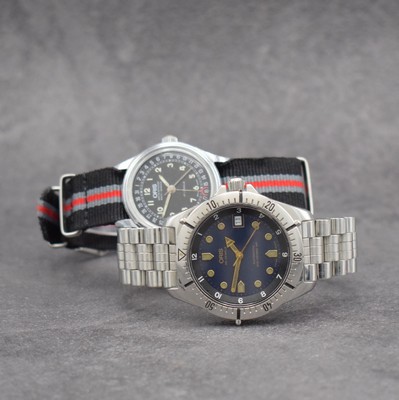 2 ORIS Armbanduhren mit Datum, Schweiz um 1990, 1) Automatik in Edelstahl, verschr. Geh., Gliederband m. Faltschl., drehb. Lünette, schwarzes ...