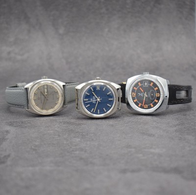 3 Herrenarmbanduhren BULOVA, GIRARD PERREGAUX & JAZ, Schweiz/Frankreich um 1970, 1) in Edelstahl, Accutron m. Stimmgabelschwinger, Kal. 2181, blaues ...