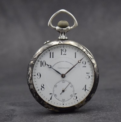 IWC Frankfurter Schützentaschenuhr in Silber, Schweiz um 1911, aufw. Gehäuse m. rücks. Relief-Darstellung & entspr. Beschriftung (stark ...