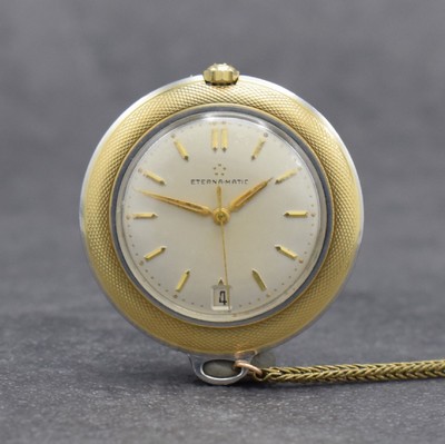 ETERNA-MATIC Golfer Taschenuhr in Edelstahl & Gold, Schweiz um 1960, Automatik, beids. vergl. Geh., Boden geschr., silb. Zifferbl. m. aufges. ...