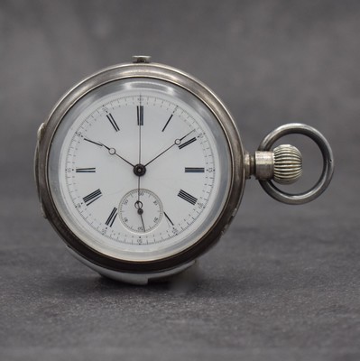Savonette-Werk mit Minutenrepetition & Chronograph in späterem Gehäuse, Schweiz um 1880, offenes Silbergeh., Rep.-Schieber b. 6, Chrono-Drücker b. ...