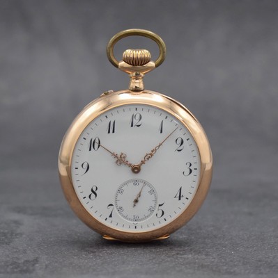 MERMOD FRERES offene Taschenuhr in RG 585/000, Schweiz f. d. deutschen Markt um 1900, 2- Deckel Goldgeh., rücks. m. Monogramm, Cuvette m. ...