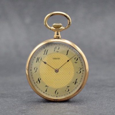 SÜRETE offene Taschenuhr in RG 585/000, Schweiz um 1920, 2-Deckel Goldgeh., Rückseite m. Monogramm, Metallzifferbl. m. arab. Zahlen z. T. guill., ...