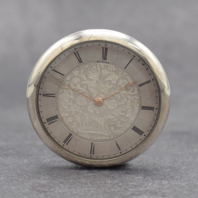 DU BOIS offene Taschenuhr ohne Pendant, Schweiz um 1850, Silbergeh., Pendant auf Kundewunsch entfernt, silb. guill. & floral grav. Zifferbl. m. röm. ...