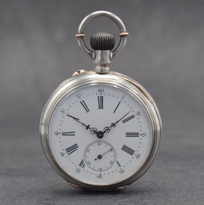 Adolphe König 1893 offene Silbertaschenuhr, Schweiz/Deutschland um 1893, glattes Geh. m. Gold-Monturen, rücks. Monogramm "AK", Cuvette ...