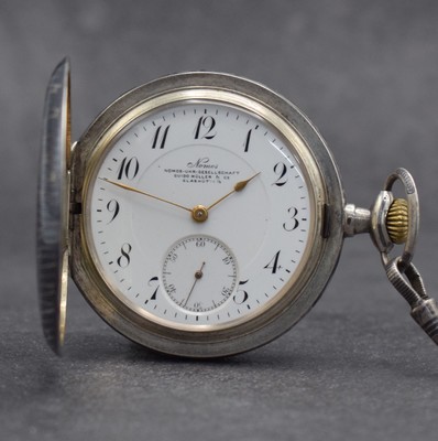 NOMOS Uhr-Gesellschaft Guido Müller & Co Glashütte I/S Savonette in Tula-Silber, Deutschland um 1905, aufw. verz. Gehäuse l. besch., 3-teil. ...