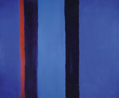 Gaston Gale, Zeitgenössischer Belgischer Künstler, abstrakte Komposition in Blau, Dunkelblau, Rot, Öl/Lwd, gebrsp, dellen, leiste, links unten ...