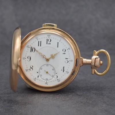 Savonette Herrentaschenuhr in RG 585/000 mit Minutenrepetition, Schweiz um 1900, glattes 3-Deckel Goldgeh. m. a-goutte Schlüssen, 2- teil. ...