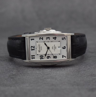 COMOR Herrenarmbanduhr L´Architecte 1926, Schweiz um 2005, Automatik, Edelstahlgeh. im Art-Deco Stil, 4-fach verschr. Boden m. Sichtfenster, neutr. ...