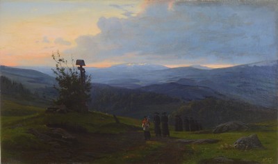 Harald Frederick Foss, 1843-1922, dänischer Maler, Landschaft mit Marterl und einer Prozession, wohl in Kärnten, Öl/Lwd, rechts unten signiert, ...