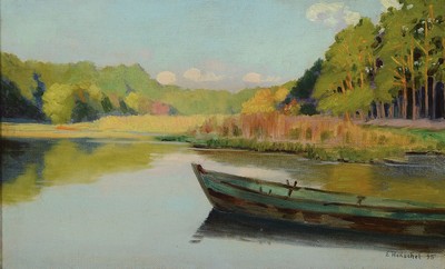 Gallus Emil Henschel, 1865-1934 Berlin, Landschaft mit See im Berliner Umland, Öl/ Malkarton, rechts unten signiert und dat. 95, rückseitig altes ...