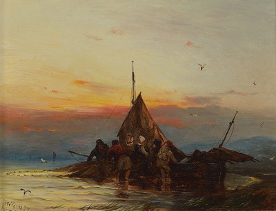 Carl Hilgers, 1818-1890 Düsseldorf, Studium an der Akademie Düsseldorf, bevorzugte niederländische und niederrheinische Motive, hier: Entladen des ...