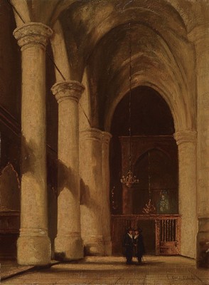 Jean Baptist Tetar van Elven, 1805 - 1879, Kircheninterieur mit zwei Herren, Öl/Lwd, signiert, ca. 40 x 30 cm,Rahmen