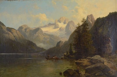 Josef Thoma, 1828-1899 Wien, Gebirgslandschaft mit Fischern und See, Öl/Lwd, rechts unten signiert, ca. 53x78cm, ca. 15cm breiter Prunkrahmen mit ...