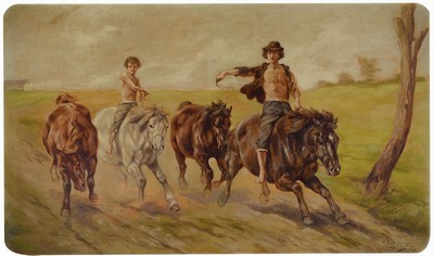 Max Sandor-Dushnitz, 1897-1942, reitende Jungen mit vier Pferden, Öl/Lwd, rechts unten signiert: Reitende Zigeuner Max Sandor, ca. 65x109cm, mit ca. ...
