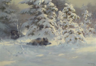 Manfred Schatz, 1925 Stettiner Haff-2004 Meerbusch, Wildschwein im verschneiten Winterwald, Öl/Lwd, signiert, ca. 70x100cm, R. ca. 86x116cm