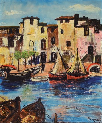 Arnold Schatz, 1929 Steppnitz/Pommern-1999 Bielefeld, Italienische Hafenstadt, rückseitig so betitelt, Öl/Lwd, rechts unten signiert, ca. 60x50cm, ...