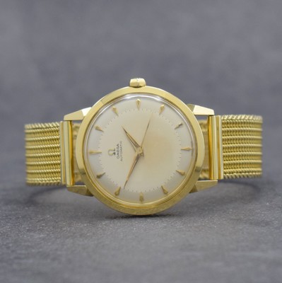 OMEGA seltene, große & unpolierte Herrenarmbanduhr in GG 750/000 Referenz 2737 S.C, Hammerautomatik, Schweiz um 1954, Boden verschr., neutr. GG ...