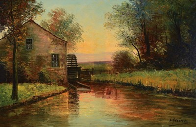 M. Gerards, wohl belgischer Maler, um 1900, Abendrot über eine Mühle am Wasser, Öl/Lwd, rest., rechts unten signiert, stimmungsvoll, ca. 60x90cm, ...