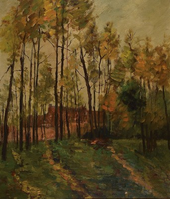Unbekannter Künstler, wohl Niederlande/Belgien, um 1900, Blick durch die Bäume auf ein Gehöft, Öl/LWd, unsigniert, ca. 70x60cm, ca. 14 cm breiter ...