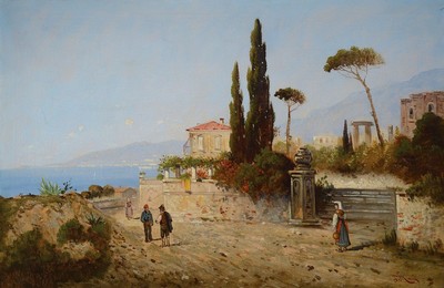 F. Mau, südliche Küstenansicht, Uferstraße mit Personen und Blick auf das Meer, Öl/ Lwd, re. unten rot signiert, ca. 52 x 80 cm, Rahmen: 63 x 90 ...
