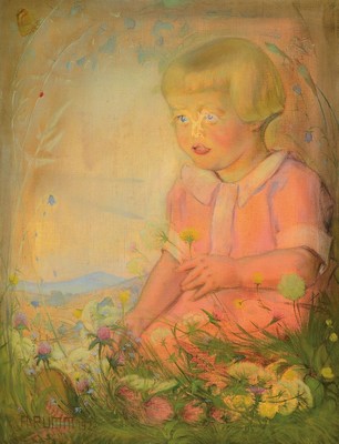 August Rumm, 1888 Schwanheim - 1950, AllemühleDurlach, Meisterschüler von Wilhelm Trübner,hier Mädchen in Blumenwiese, Mischtechnik auf Leinwand, ...