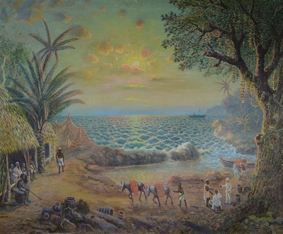 Unleserlich, Künstler, um 1900,, naive Landschaftsdarstellung mit kolonialer Darstellung, li. u. signiert und dat. 1896, 75 x 95 cm, l. Alters- und ...