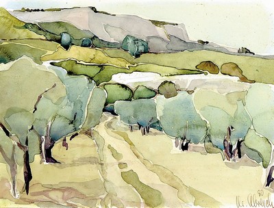 Christel Abresch, 1931 Sulzbach-2011 Neustadt an der Weinstraße, Landschaft, Aquarell auf Papier, signiert und dat. 80, ca. 17x23cm, PP, u.Gl., R. ...