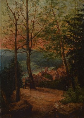 Unbekannter Künstler, um 1880-90, Blick von oben auf das Heidelberger Schloß und das Neckartal, Öl/Lwd, unsigniert, ca. 42x30cm, R. ca. 53x41cm
